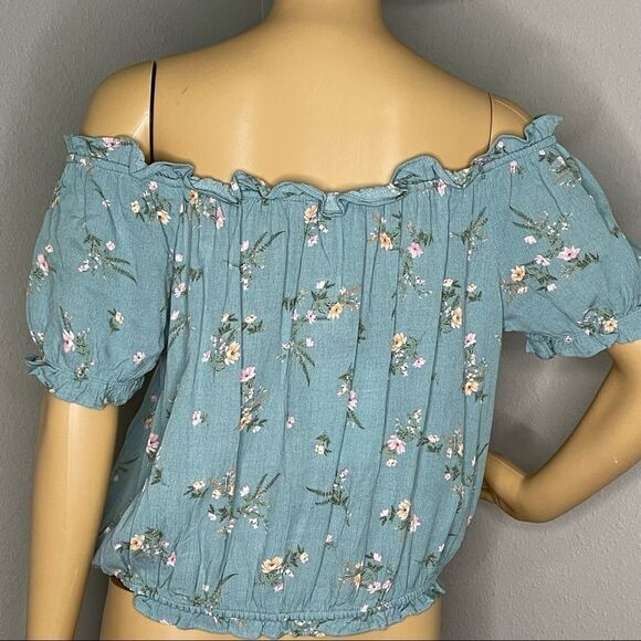 NWT Pink Rose Turquoise Floral On or Off Shoulder Croptop Blouse Size Large - Picture 7 of 12